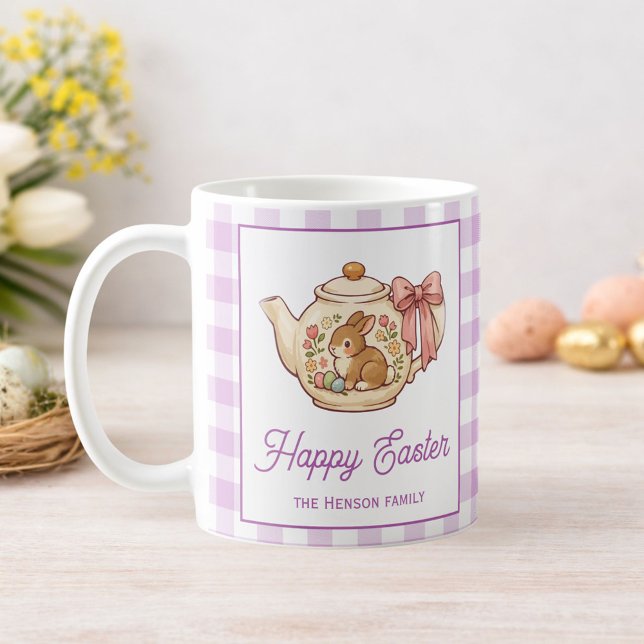 Personalised Easter Bunny Teapot Gingham Family Coffee Mug (Creator Uploaded)