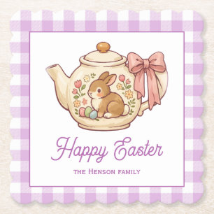 Personalised Easter Bunny Teapot Gingham Family Paper Coaster