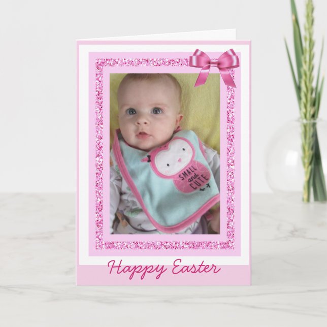 Personalised Easter Card, Add Baby Photo Cute Pink Holiday Card (Front)