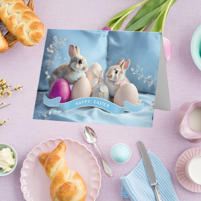 Personalised Easter Card Two Rabbits & Easter Eggs (Creator Uploaded)