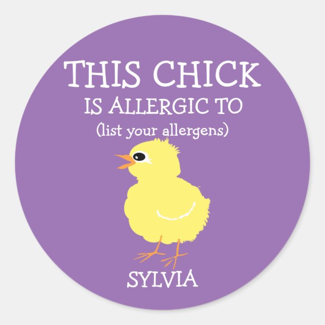 Personalised Easter Chick Allergy Alert Purple Classic Round Sticker (Front)