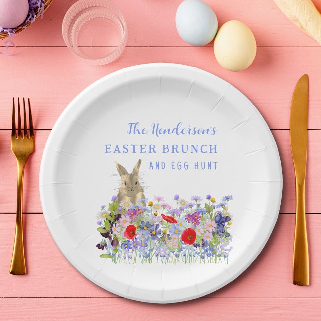 Personalised Easter Egg Hunt Brunch Bunny Floral Paper Plate (Easter brunch and egg hunt watercolor bunny and wildflowers custom paper plate)