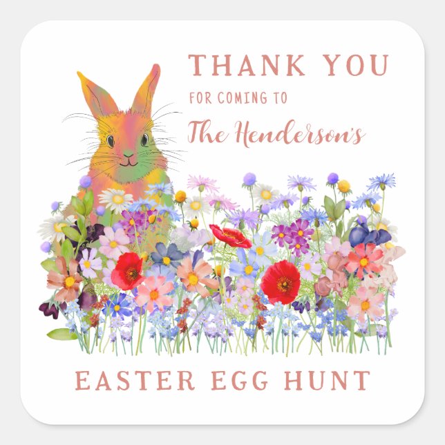 Personalised Easter Egg Hunt Bunny Floral Square Sticker (Front)