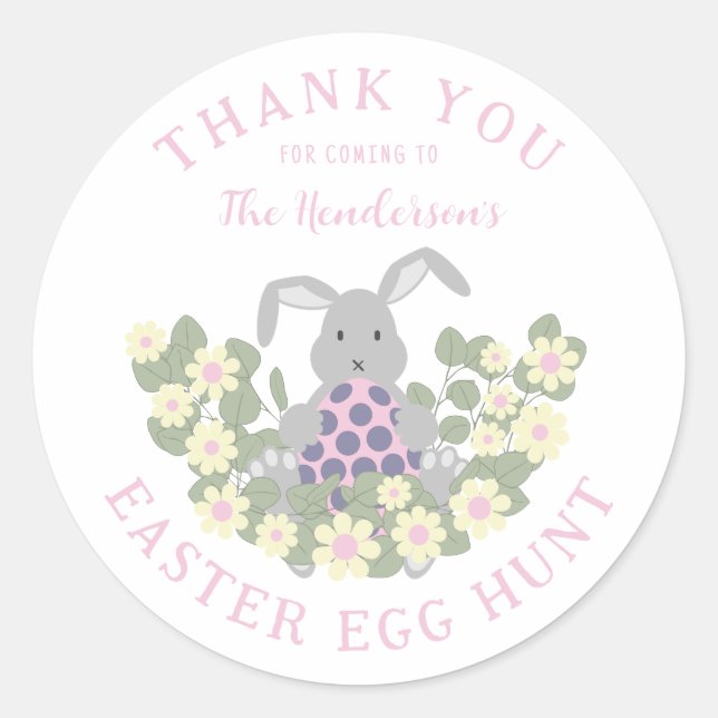 Personalised Easter Egg Hunt Cute Bunny Floral Classic Round Sticker (Front)