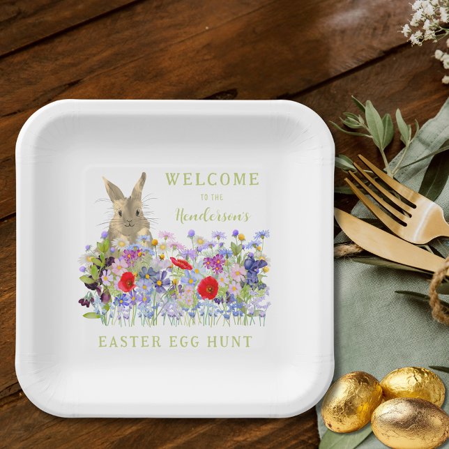 Personalised Easter Egg Hunt Cute Bunny Wildflower Paper Plate (Personalized easter egg hunt cute bunny wildflower floral spring party paper plate )