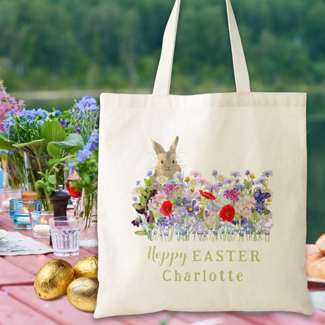 Personalised Easter Egg Hunt Cute Bunny Wildflower Tote Bag (Personalized kids name easter egg hunt cute bunny wildflower floral tote bag)