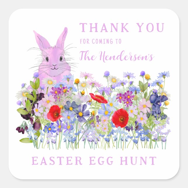 Personalised Easter Egg Hunt Pink Bunny Floral Square Sticker (Front)