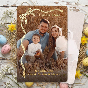 Personalised Easter Family Photo Gold Ribbon Bow Foil Holiday Card