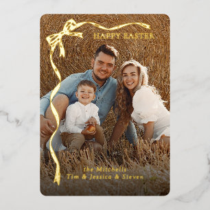 Personalised Easter Family Photo Gold Ribbon Bow Foil Holiday Card