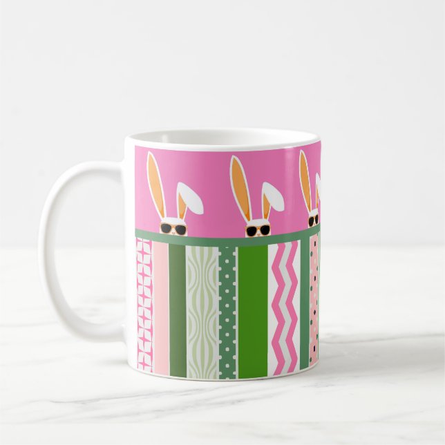 Personalised Easter Pink and Green White Rabbits Coffee Mug (Left)