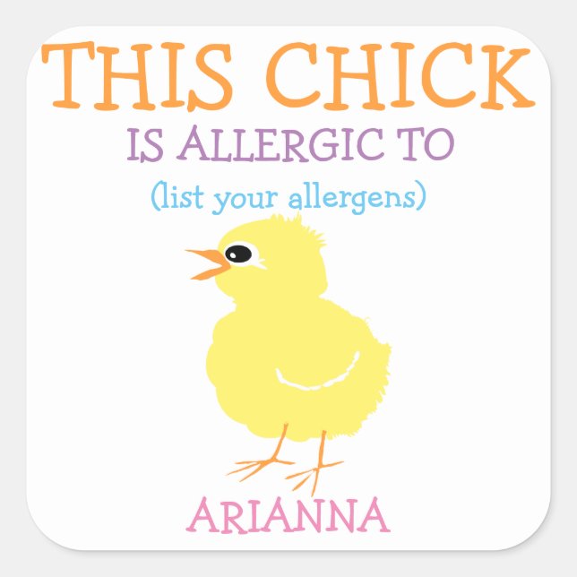 Personalised Easter Yellow Chick Allergy Alert Square Sticker (Front)