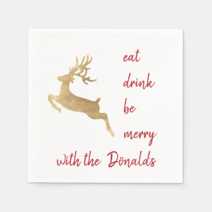 Personalised Eat Drink Be merry red gold deer name Napkin