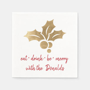 Personalised Eat Drink Be Merry Red Gold Star Name Napkin