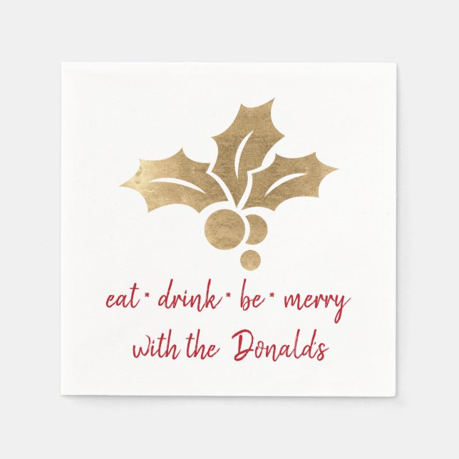 Personalised Eat Drink Be Merry Red Gold Star Name Napkin (Front)