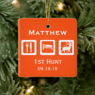 Personalised Eat Sleep Hunt 1st Deer Hunt Keepsake Ceramic Tree Decoration