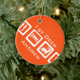 Personalised Eat Sleep Hunt 1st Deer Keepsake Ceramic Tree Decoration