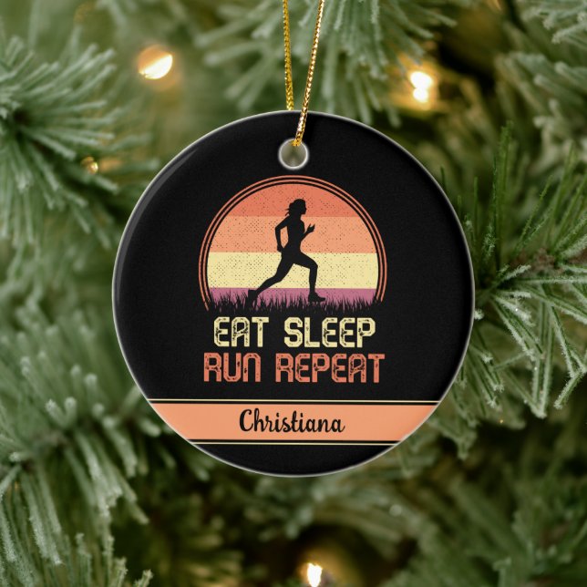 Personalised Eat Sleep Run Repeat Retro Athlete Ceramic Tree Decoration (Tree)