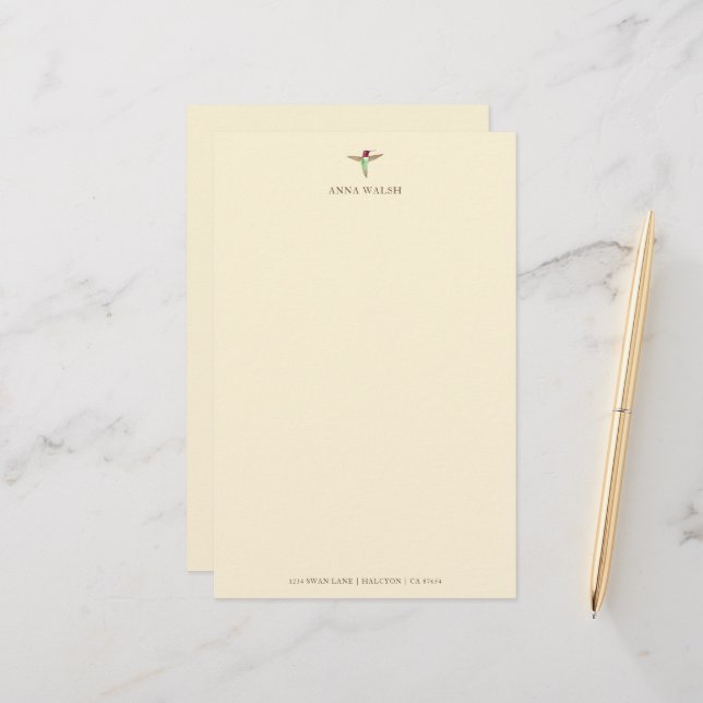 Personalised Ecru Hummingbird Stationery (Front/Back In Situ)