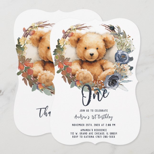 Personalised  Editable 1st Birthday Boy Bear Invitation (Front/Back)