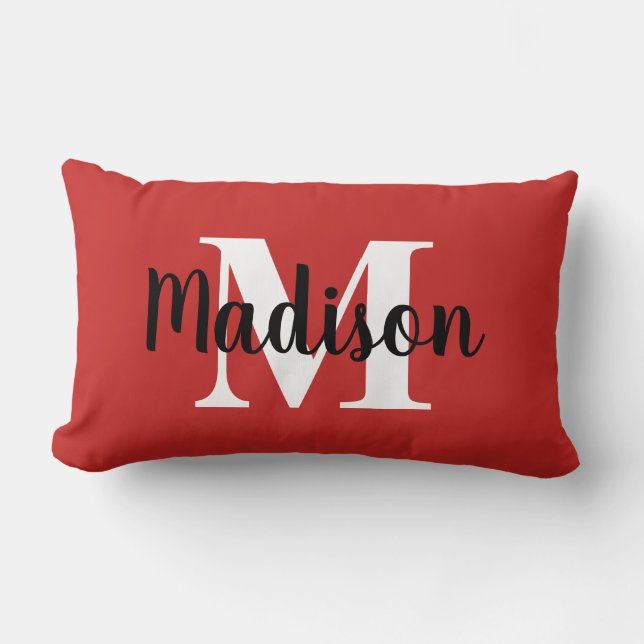 Personalised Editable Colour Monogram Red White Lumbar Cushion (Front)