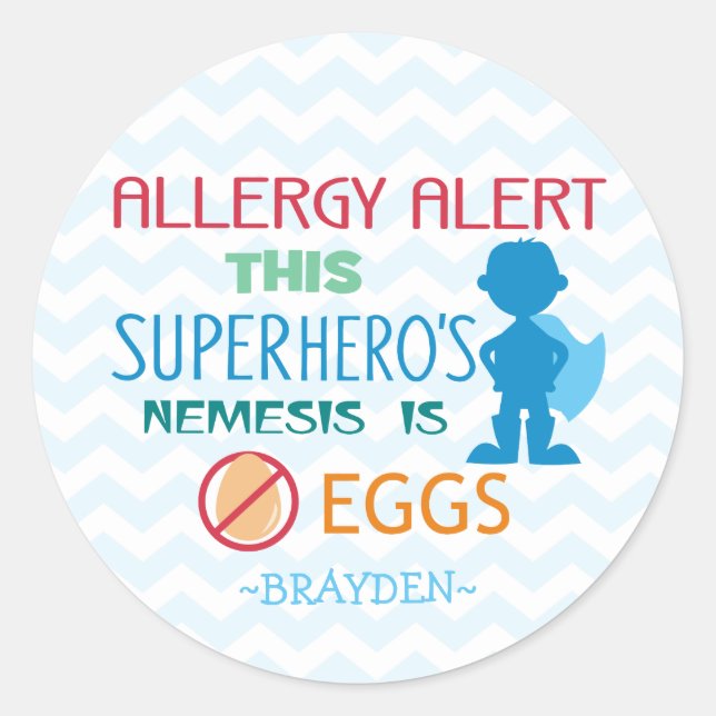 Personalised Egg Allergy Alert Superhero Boy Classic Round Sticker (Front)