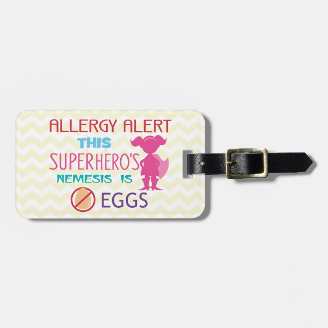 Personalised Egg Allergy Superhero Alert Luggage Tag (Front Horizontal)