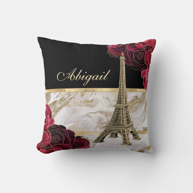 Personalised Eiffel Tower Gold, Black Marble Rose Cushion (Front)