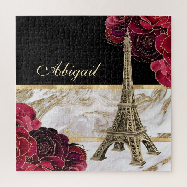 Personalised Eiffel Tower Gold, Black Marble Rose Jigsaw Puzzle (Vertical)