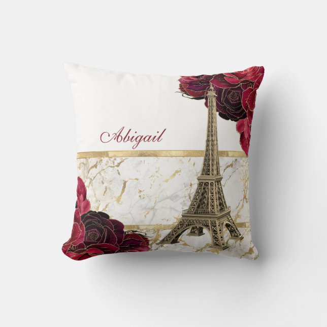 Personalised Eiffel Tower Gold, White Marble Rose Cushion (Front)