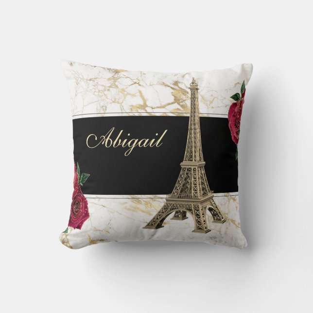 Personalised Eiffel Tower Gold, White Marble Rose Cushion (Front)