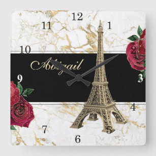 Personalised Eiffel Tower Gold, White Marble Rose Square Wall Clock