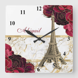 Personalised Eiffel Tower Gold, White Marble Rose Square Wall Clock