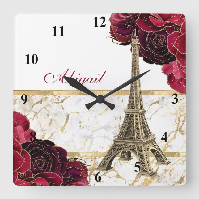Personalised Eiffel Tower Gold, White Marble Rose Square Wall Clock (Front)