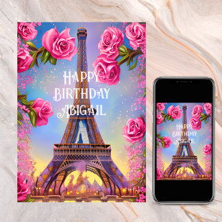 Personalised Eiffel Tower Pink Roses Chic Birthday Card