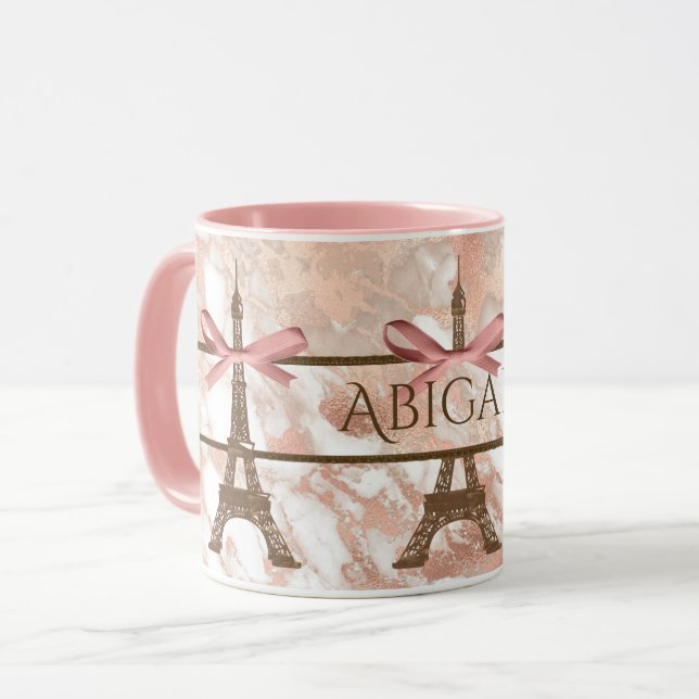 Personalised Eiffel Tower White, Pink Rose Marble  Mug (Front Left)