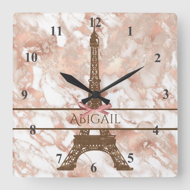 Personalised Eiffel Tower White, Rose Gold Marble Square Wall Clock (Front)