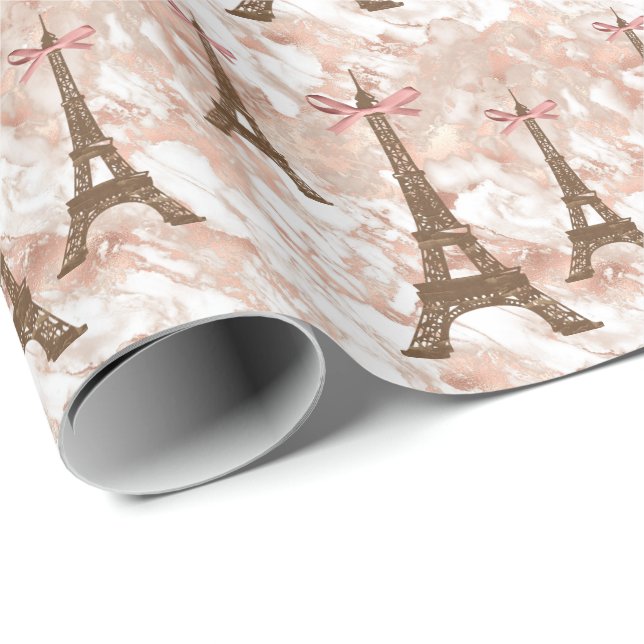 Personalised Eiffel Tower White, Rose Gold Marble Wrapping Paper (Roll Corner)