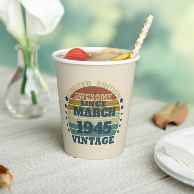 Personalised eighty vintage 80th birthday party paper cups (Insitu)