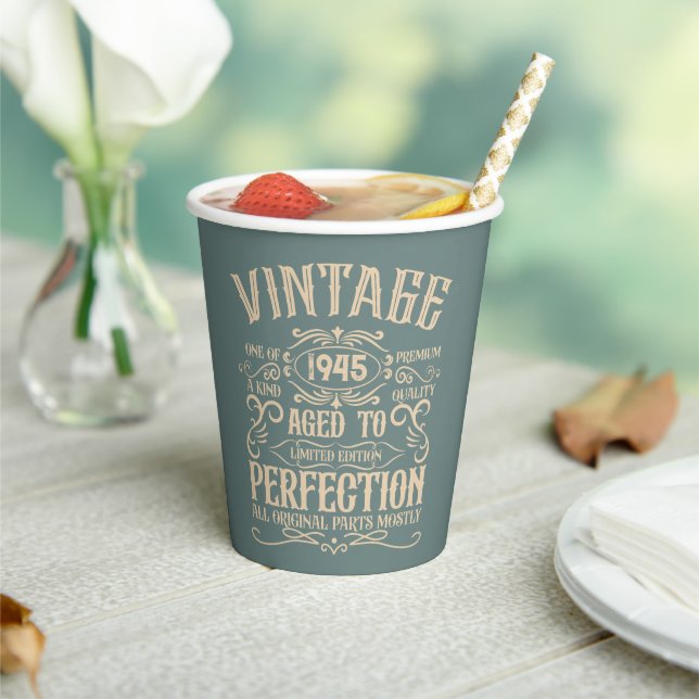 Personalised eighty vintage 80th birthday party paper cups (Insitu)
