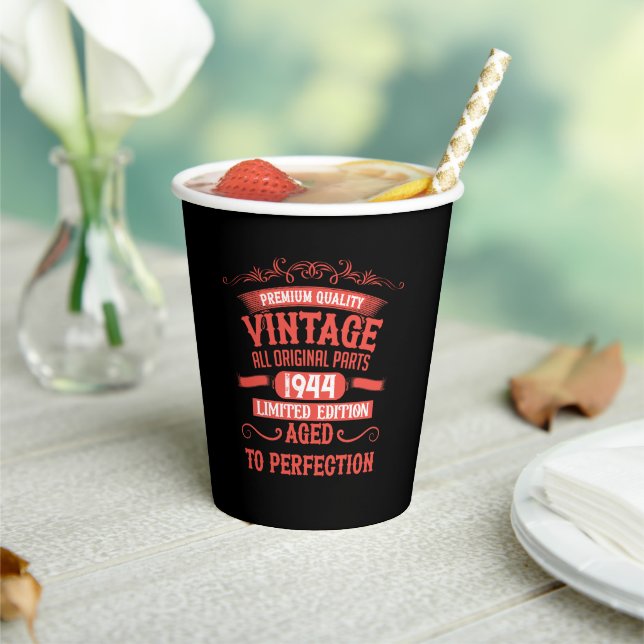 Personalised eighty vintage 80th birthday party paper cups (Insitu)