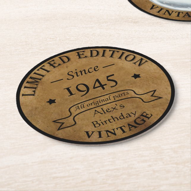Personalised eighty vintage 80th birthday party round paper coaster (Angled)