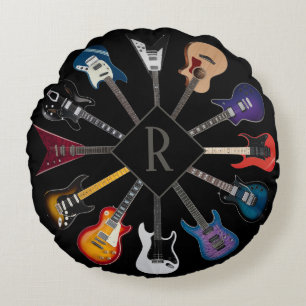 Personalised Electric Guitar Circle Black Round Cushion