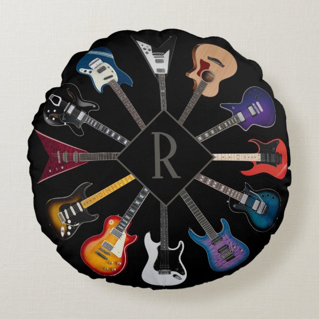 Personalised Electric Guitar Circle Black Round Cushion (Front)