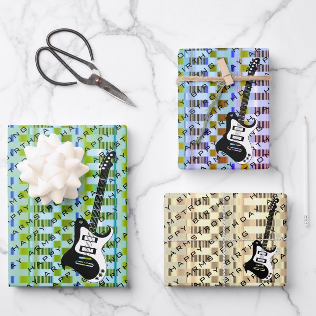 Personalised Electric Guitar Modern Name Birthday Wrapping Paper Sheet (Front)