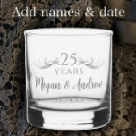 Personalised Elegant 25th Wedding Anniversary Gift Whiskey Glass<br><div class="desc">Create a beautiful custom wedding anniversary gift by adding the couple's names and anniversary date. My original designer silver wisps of streamers radiate from both sides of the script, "25 Years". Personalise this commemorative glass with the couple's name written in dark grey modern elegant typography. Add the wedding anniversary date...</div>