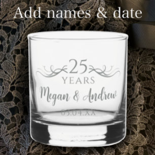 Personalised Elegant 25th Wedding Anniversary Gift Whiskey Glass