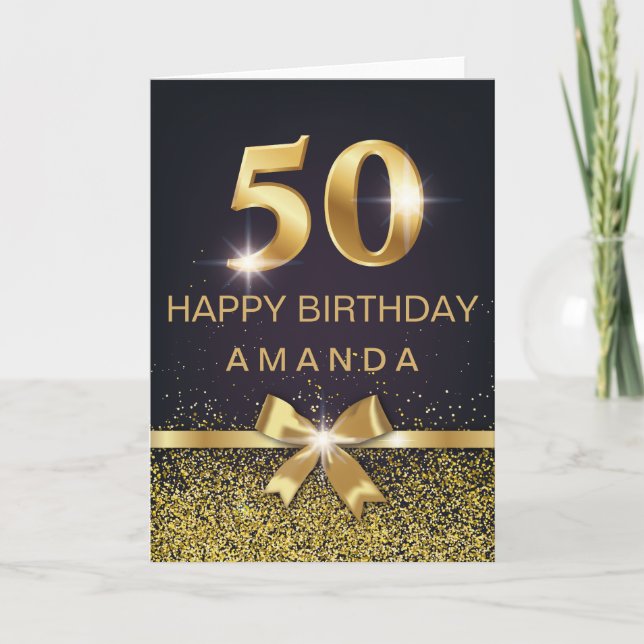 Personalised Elegant 50th Birthday Gold Glitter Card (Front)