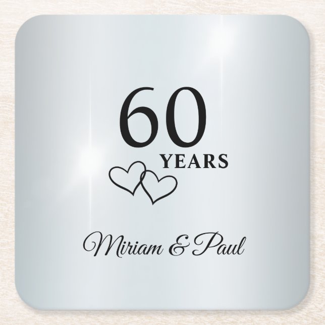 Personalised Elegant 60th Wedding Anniversary Square Paper Coaster (Front)
