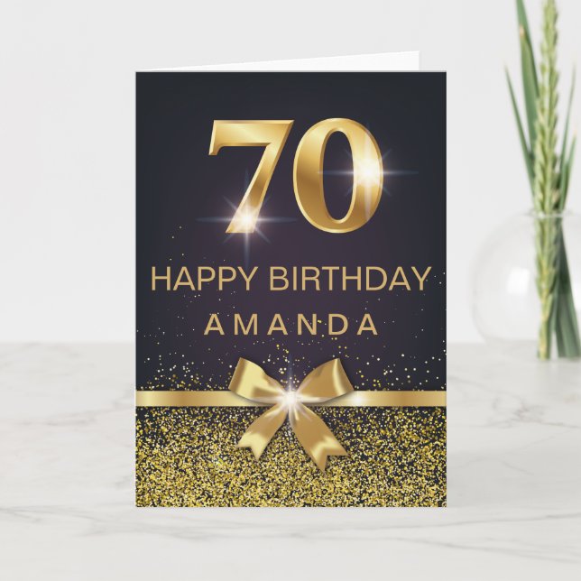 Personalised Elegant 70th Birthday Gold Glitter Card (Front)