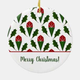 Personalised Elegant Abstract Red Roses and Holly Ceramic Tree Decoration